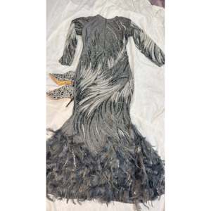 Special Design Mermaid Evening <b>Dress</b> XS Size Long A-Line Style O-Neck Sheer Layer Feathered Hem Rhinestone Pearl Decor Formal - Product Image 3