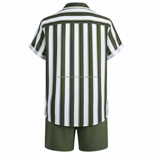 ชุดเซ็ตเสื้อยืดและกางเกงขาสั้นลายทางสำหรับผู้ชายแบบ OEM สีเขียวขาวลายทางแนวตั้ง ชุดลำลอง 2 ชิ้น - Product Image 2