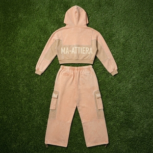 Women <b>Cropped</b> <b>Zip</b> <b>Up</b> <b>Hoodie</b> and Cargo Sweatpants Set Washed Two Piece Tracksuit Custom Rhinestone Detail - Product Image 5