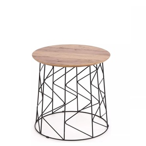 Modern Black Metal Wood Top <b>Side</b> <b>Table</b> Geometric Wire Base Compact Design Stylish Accent for Living Room <b>Bedroom</b> Decor - Product Image 2