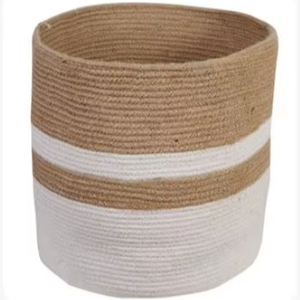 Panier de rangement rond en coton et jute blanc moderne, écologique, avec poignée flexible - Product Image 1
