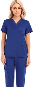 Camicia da donna con scollo a V <span class=keywords><strong>blu</strong></span> di alta qualità e Set di pantaloni con coulisse uniforme estiva da ospedale realizzata in Spandex - Product Image 4