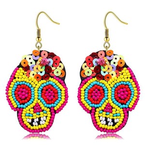 ต่างหูลูกปัดปักลายหัวกะโหลกวันฮาโลวีนงานแฮนด์เมดต่างหูแฟชั่นอินเทรนด์น่ากลัวสำหรับปาร์ตี้ต่างหูประดับสไตล์อินเดีย - Product Image 5