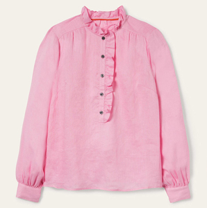 Blusas de Lino y Algodón Popelín de Alta Calidad para Mujer, Tops de Otoño en Rosa con Cuello Alto y Volantes, Logotipo Personalizado, Talla Grande - Product Image 5