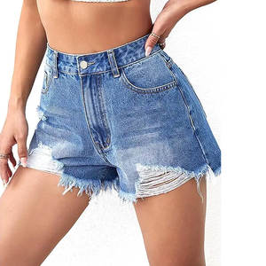 Cotton Women's High Waisted <b>Rolled</b> Hem Distressed Jeans Ripped Denim Shorts Made in Pakistan Denim Shorts - Product Image 2