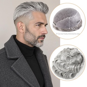 Prothèse capillaire texturée ondulée et bouclée, blanche et grise, pour hommes âgés, système de remplacement capillaire, dentelle suisse frontale 1B #   NOIR & 80% GRIS - Product Image 1