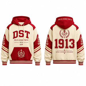 Sweat-shirt à capuche unisexe Delta Sigma Theta rouge beige à manches raglan avec impression avant et arrière, vêtement décontracté pour l'automne - Product Image 4