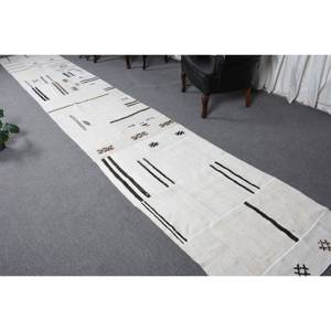 Modern Vintage Turkish Rug <b>White</b> Black 3 X 18.1ft Large Area Classic Rectangle Patchwork Design <b>Wool</b> Latex for Teenagers Hallway - Product Image 1