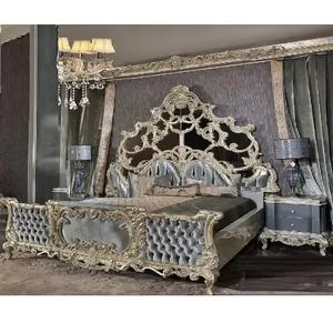 Lit à couronne argentée pour chambre à coucher à thème platine Ensemble de lit et chambre à coucher en bois tufté en cuir moderne Lit sculpté à la main en bois de teck de qualité supérieure - Product Image 1