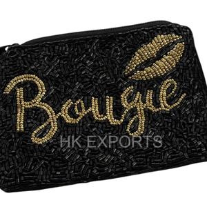 Handmade Bridal Black with <b>gold</b> letters and Lips on top Beaded Coin Purse Bride Mini Zipper Pouch - Product Image 1