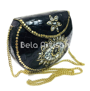 Oxidised Miniature Metal <b>Clutch</b> Bag, <b>Embellished</b> Mosaic Wristlet & Crossbody Bag, Ethnic Festive Bags - Product Image 5