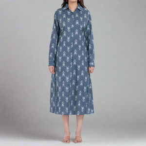 Vestido Midi de Algodón Azul con Estampado Floral, Cuello Cuadrado y Mangas Largas para Mujer, Diseño Elegante ODM, Transpirable, Talla XS, para el Día de San Valentín o para el Club - Product Image 5