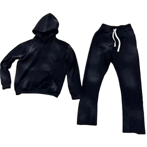 2025 Custom Acid Wash Flared Tracksuits Zip up Straight Leg Distress Sweat Suit Hoodies and <b>Sweatpants</b> <b>Sets</b> Men High Quality - Product Image 3