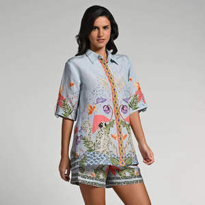 Haute qualité 100% lin écologique séchage rapide ensemble court décontracté pour les femmes Logo personnalisé brodé genou Co-Ord deux pièces usine - Product Image 1