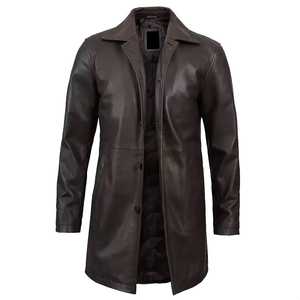 Abrigo Largo de Cuero Genuino para Hombre, Cuello Camisero, Cierre de un Solo Botón, Manga Regular, Grosor Estándar - Product Image 5