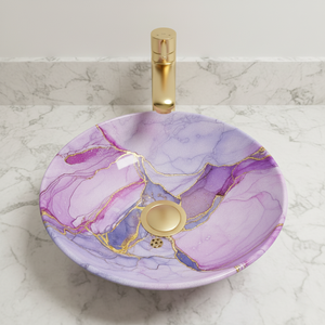 Handcrafted <b>Round</b> Metal Table Top Wash <b>Basin</b> Modern Purple Marble Abstract Design Bathroom Sink for Washroom Factory Supplier - Product Image 4
