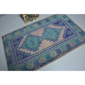 Alfombra de lana turca Vintage de 3,7x6 pies, diseño de retazos de felpa hecho a mano, clásico, azul, púrpura para adolescentes, respaldo de látex para sala de estar - Product Image 2