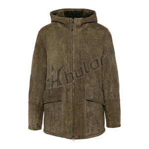 แจ็กเก็ตหนังแกะของผู้ชายสไตล์วินเทจสุดหรูปกคอวีแบบกำหนดเองสำหรับฤดูหนาวผ้ายีนส์แบบผ้าทอสีแทน - Product Image 6