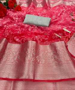 Saree en filet de mariée fantaisie pour femme avec superbe tissu en organza et broderie exclusive pour les fêtes et les mariages - Product Image 4