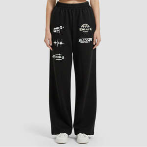 Pantalon de sport noir en tissu éponge respirant, taille haute, coupe large, avec broderie décorative - Product Image 2