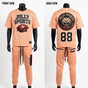 ชุดเสื้อและกางเกงผ้าเจอร์ซีย์โพลีเอสเตอร์ตาข่ายพรีเมียม 180 GSM ระบายอากาศได้ดี สีส้มดำ พิมพ์ลายตามสั่ง ชุด 2 ชิ้น สำหรับผู้ชาย - Product Image 5