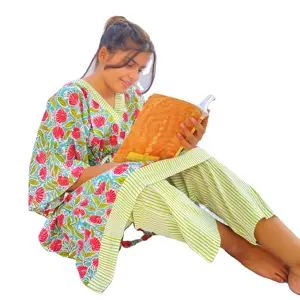 Indian cotton hand block print short kaftan payjama set night sleep wear dresses for womens ethnic beach cover up bikini swim ki