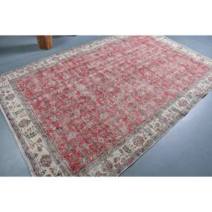 Tapis turc vintage 5.7x9.4 pieds laine rouge beige grande surface avec motif patchwork pour couloir ou chambre à coucher latex soutenu - Product Image 2