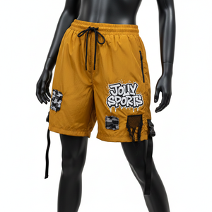 Shorts Premium para Mujer, 220 GSM, Nailon y Spandex, Color Mostaza, Panel de Malla con Parches, Logotipo Personalizado con Serigrafía - Product Image 6