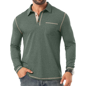 Chemises polo pour hommes à manches longues personnalisables pour le printemps/été, tissu jersey respirant avec motif uni à col montant - Product Image 5
