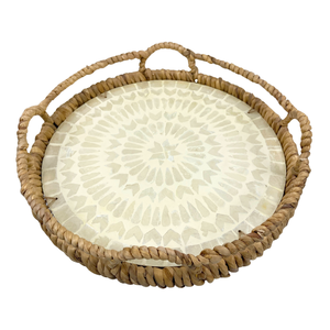 Plateau de service en MDF avec motif géométrique en mosaïque de nacre beige, paniers tissés en jacinthe d'eau - Product Image 5