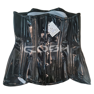 Corset sous-poitrine à double baleine, amincissant pour les hanches et la taille, en PVC noir brillant effet mouillé - Product Image 3