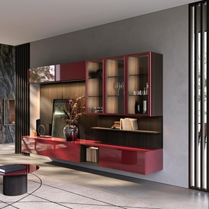 Modern Luxury Red Lacquer Living Room <b>Wall</b> <b>Unit</b> Italian Style Modular TV Stand Cabinet with Glass Display Showcase - Product Image 1