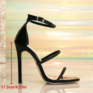 รองเท้าส้นสูงแฟชั่นใหม่สำหรับผู้หญิงสไตล์ยุโรปและอเมริกา ประดับด้วยคริสตัลสีดำ สายรัดแบบหัวเข็มขัดเดียว - Product Image 5