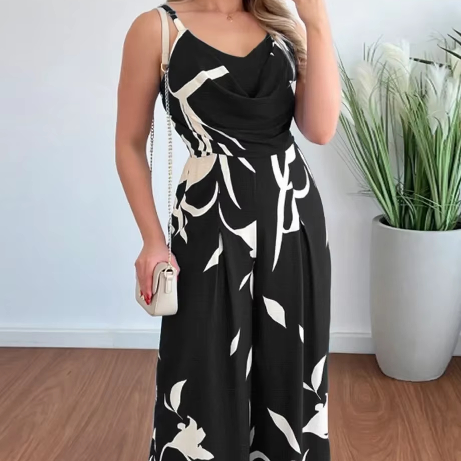 Women's Elegant Floral Pattern Summer Chiffon Jumpsuit with Long