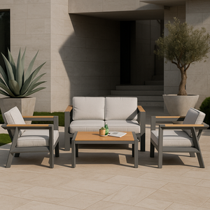 Ensemble <span class=keywords><strong>de</strong></span> meubles <span class=keywords><strong>de</strong></span> patio extérieur en métal moderne, ensemble <span class=keywords><strong>de</strong></span> canapé <span class=keywords><strong>de</strong></span> <span class=keywords><strong>jardin</strong></span> 4 pièces, accoudoirs aspect <span class=keywords><strong>bois</strong></span>, table basse, écologique, antirouille - Product Image 3