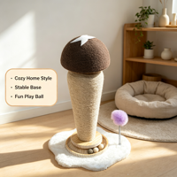 Griffoir pour chat en forme de champignon brun, tour pour chatons en corde de sisal naturelle avec balles interactives et base en bois stable