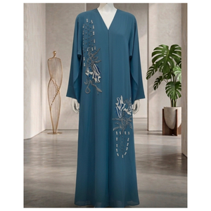 Abaya en Chiffon Brodé Artistique Bleu Teal - Product Image 1