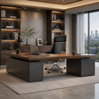 Chaise de bureau exécutive moderne en cuir avec panneau latéral en bois, chaise pivotante inclinable réglable, base en aluminium pour espace de travail de PDG