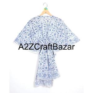 Washable 100 % Pure Cotton V-neck Midi Quilted <b>Jacket</b> Kaftan Tassel Bohemian Floral Print <b>Short</b> <b>Sleeve</b> - Product Image 1