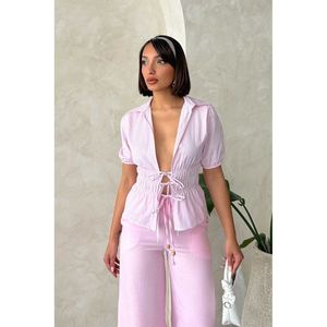 Blusa de Mujer TOPSHOW, Color Rosa, 100% Algodón, a Rayas, con Lazo Delantero, para Uso Diario Informal y de Oficina - Product Image 3