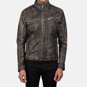 Veste de motard en cuir aniline véritable pour hommes Veste de motard emblématique en viscose matelassée marron vieilli avec doublure de poche avec fermeture éclair pour hommes - Product Image 3