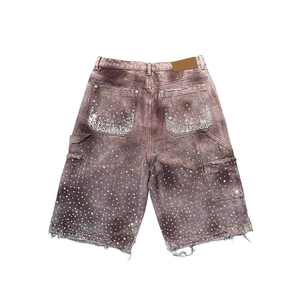 กางเกงขาสั้นผู้ชายประดับพลอยเทียมคุณภาพสูงสไตล์หรูหราผ้าคอตตอนสี100% ซีดจางพร้อมพลอยเทียมลายสตรีทแวร์เหมาะกับแสงแดด - Product Image 6