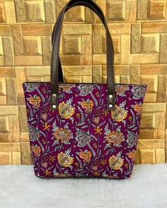 Natural Cotton Printed Cotton <b>Tote</b> With PU and Double Partition With Back <b>Zip</b> Pocket Essential for Daily Life & Professional Use - Product Image 5