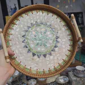 ถาดหวายสานจากเอเชียตะวันออกเฉียงใต้ที่มีเปลือกทะเลลึกธรรมชาติพร้อมด้ามจับถาดเก็บของขนาดใหญ่เส้นผ่านศูนย์กลาง28ซม. - Product Image 5