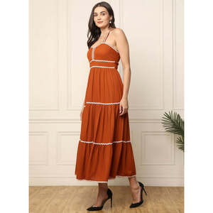 DEEBACO Women's Solid Brown Rayon Tiered <b>Dress</b> Sweet Heart Neck Sleeveless Fit and Flare Maxi Length Party Casual Western Wear - Product Image 3