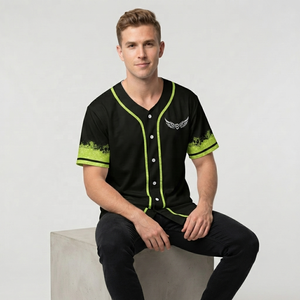 Maillot de baseball noir pour homme avec bordure verte, impression sublimée, évacuation de l'humidité, manches courtes, coupe classique, vêtements de sport pour adulte - Product Image 4