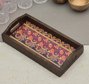 Plateau de service imprimé en bois pour boissons et collations Plateau de service imprimé en bois indien traditionnel avec design à bas prix - Product Image 1