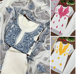 Traje Salwar de color gris y blanco de alta calidad en trabajo cosido con cadena con Georgette de imitación y tela de seda para mujeres indias - Product Image 4