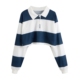 OEM Logo personnalisé décontracté rayure imprimé Crop Tops femmes à manches longues sur mesure Polo Filles Streetwear Top Shirt - Product Image 3