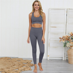 Venta caliente de alta calidad sólido elástico 2 uds mujeres de talla grande Yoga entrenamiento Fitness deportes conjunto antibacteriano tela transpirable - Product Image 6